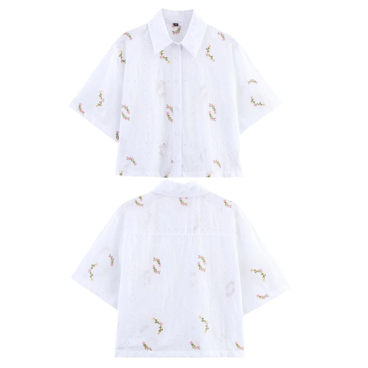 

Dave&Di French Country Flower Embroidered Cotton Shirt Minimalist White Loose Short Sleeve Summer Blouse Shirt Women Top