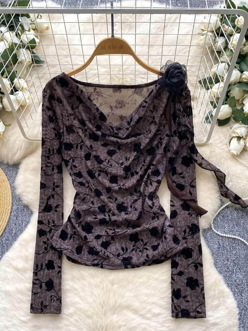 

Foamlina Retro Romantic Atmosphere Floral Cowl Neck Top Women Autumn Slim Fit 3D Flower Beautiful Elegant Blouse T-shirt