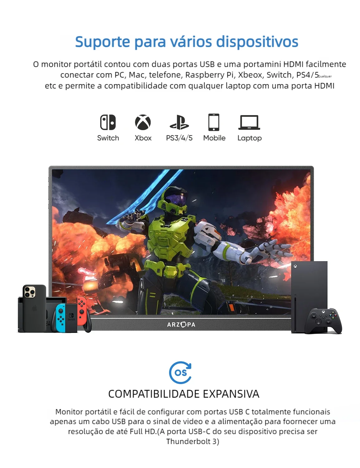 ARZOPA Monitor portátil de 16,1 polegadas e 144 Hz, tela IPS FHD 1080P 16:9, corpo de metal, com mini HDMI tipo C, alto-falantes, para