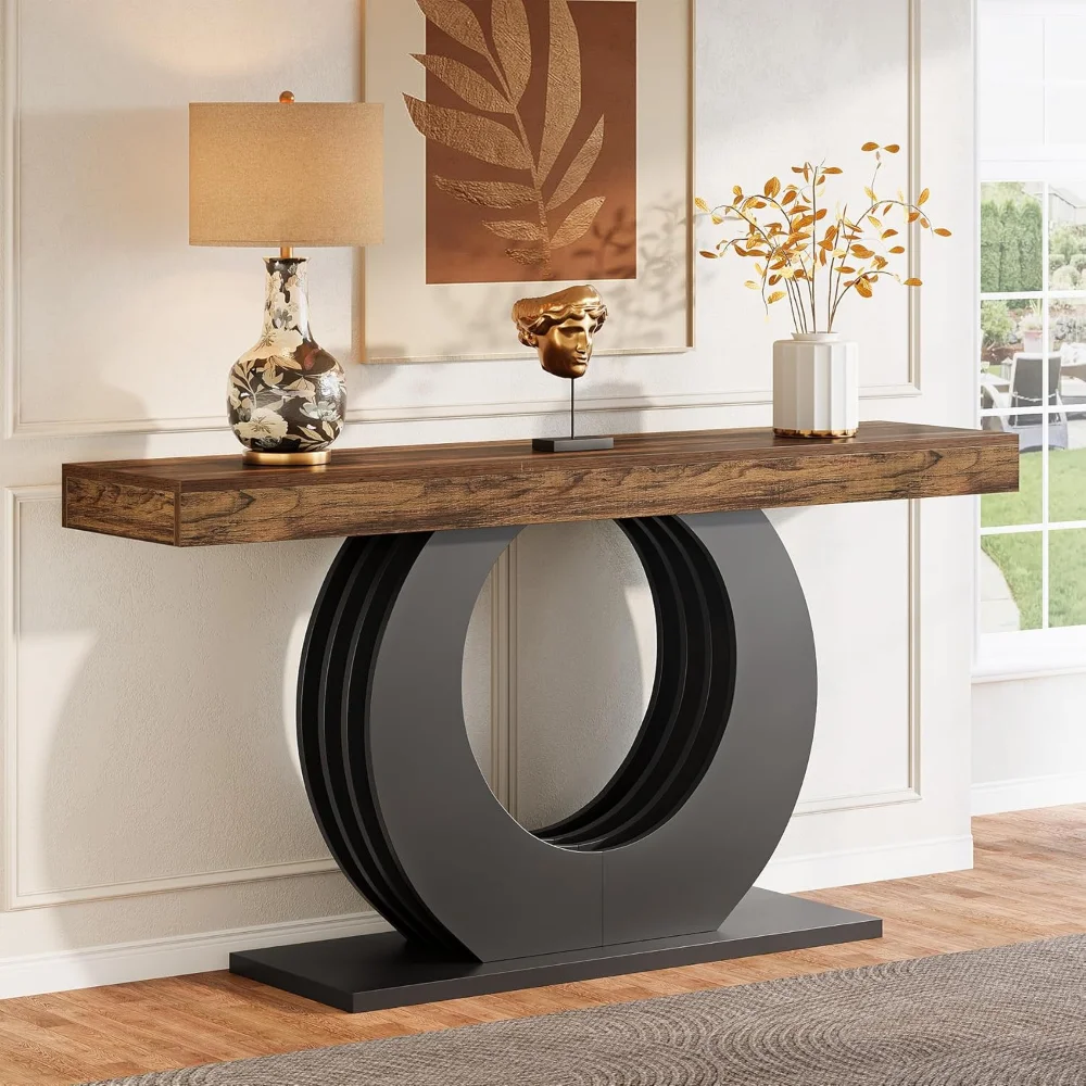 Wood Console Sofa Table, 63-Inch Rustic Industrial Farmhouse Entryway Table, Narrow Long Couch Console Behind Sofa