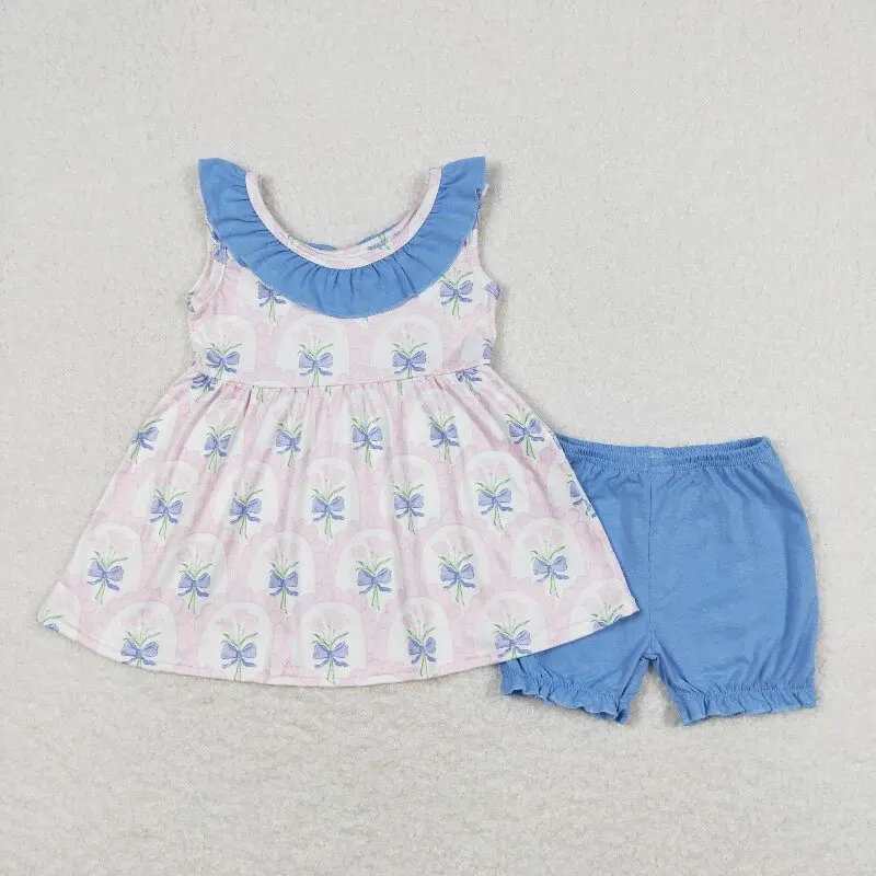 

X12.22 Wholesale baby girl clothing sets pink floral and blue lace sleeveless shorts sets