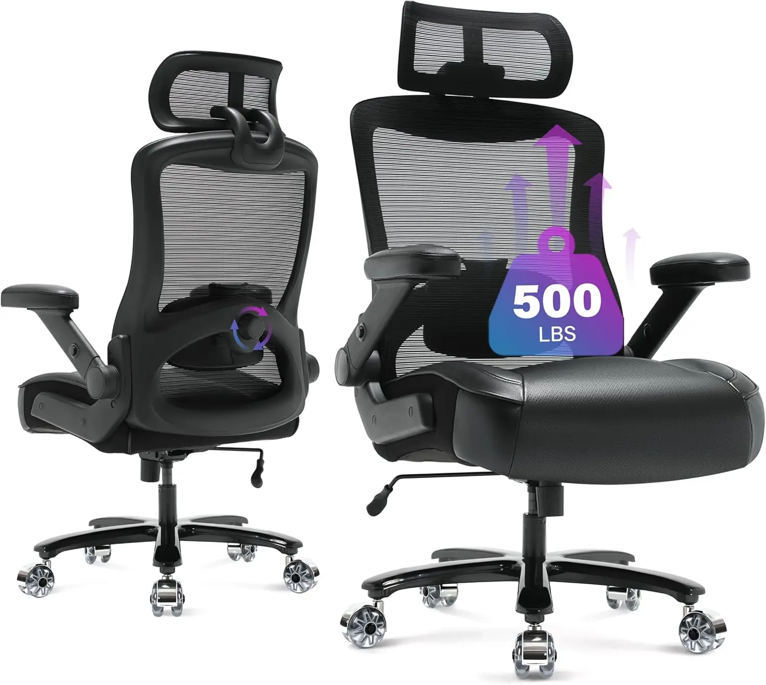 500lbs Big and Tall Office Chair - Heavy Duty Executive Chair with 3D Flip Arms, Ergonomic Mesh Back, Extra Wide Seat