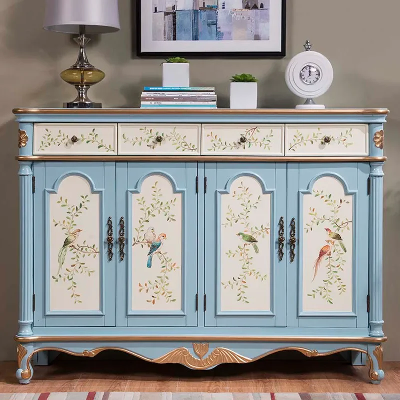 for American Retro Painted Blue Shoe Cabinet Hand Painted Multi Layer Dining Side Living Room Entrance Light Luxury Large