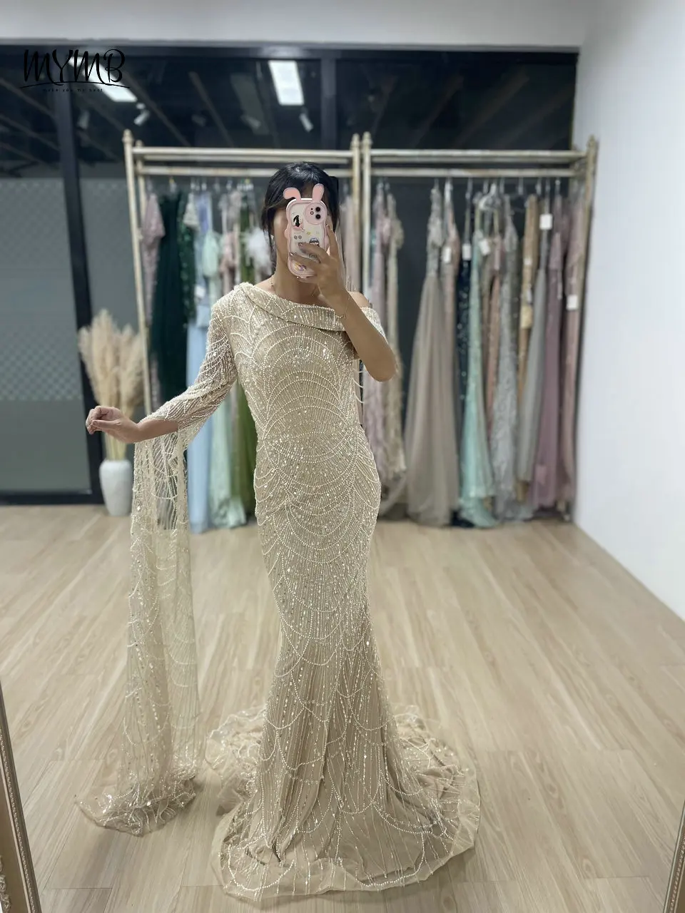 

MYMB Элегантные вечерние платья русалки цвета шампанского с накидкой и рукавами для свадебной вечеринки Роскошные вечерние платья на одно плечо с бисером MY30051