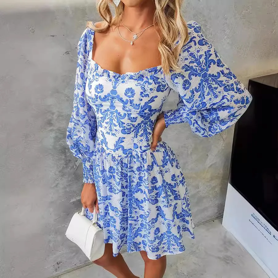 

2024 Summer And Autumn New Square Neck Printed Countryside Style Long Sleeve Mini Dress For Women