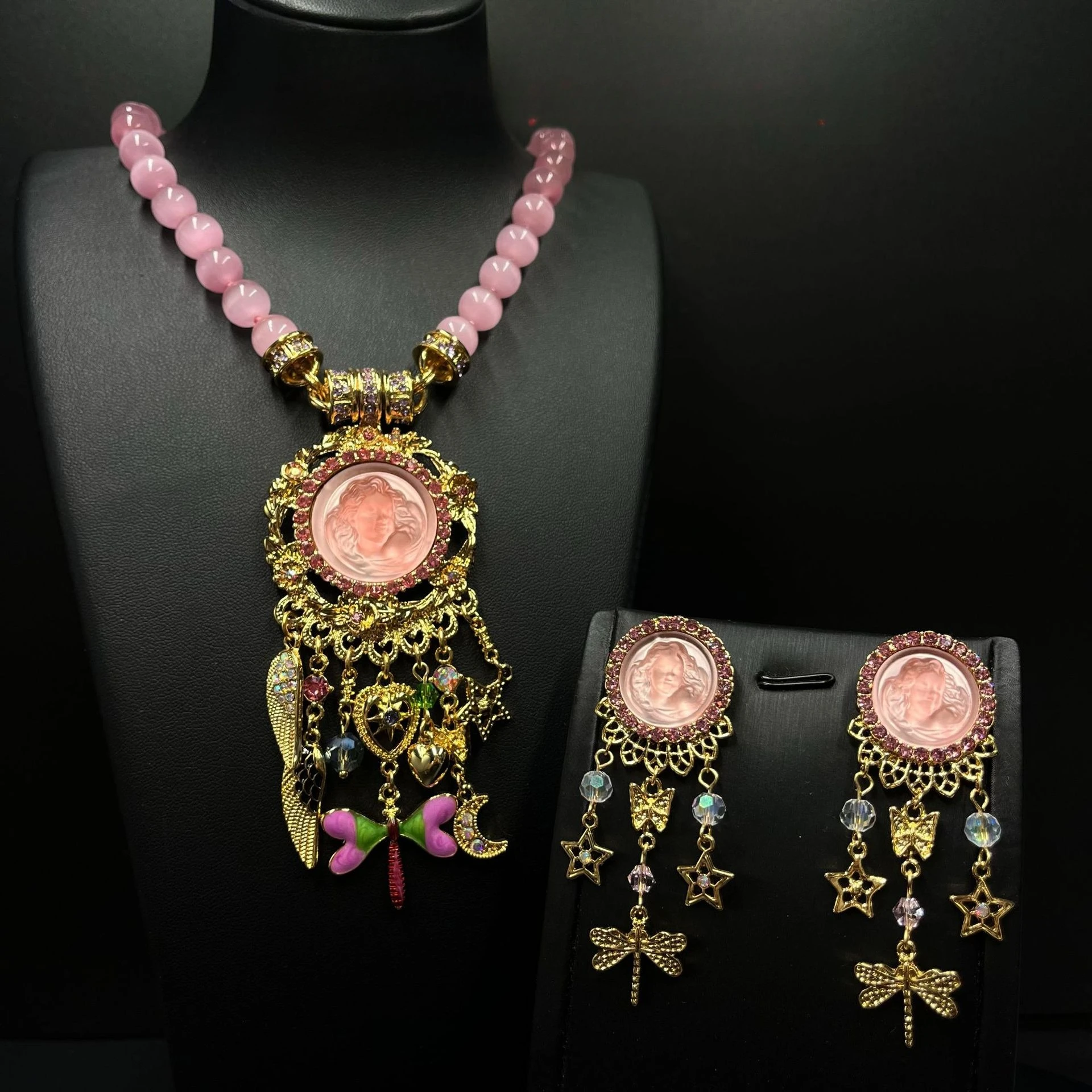 

Baroque Fairy Jewelry Set Pink Cameo Necklace and Dangle Earrings with Charms Vintage Romantic Style for Statement Look