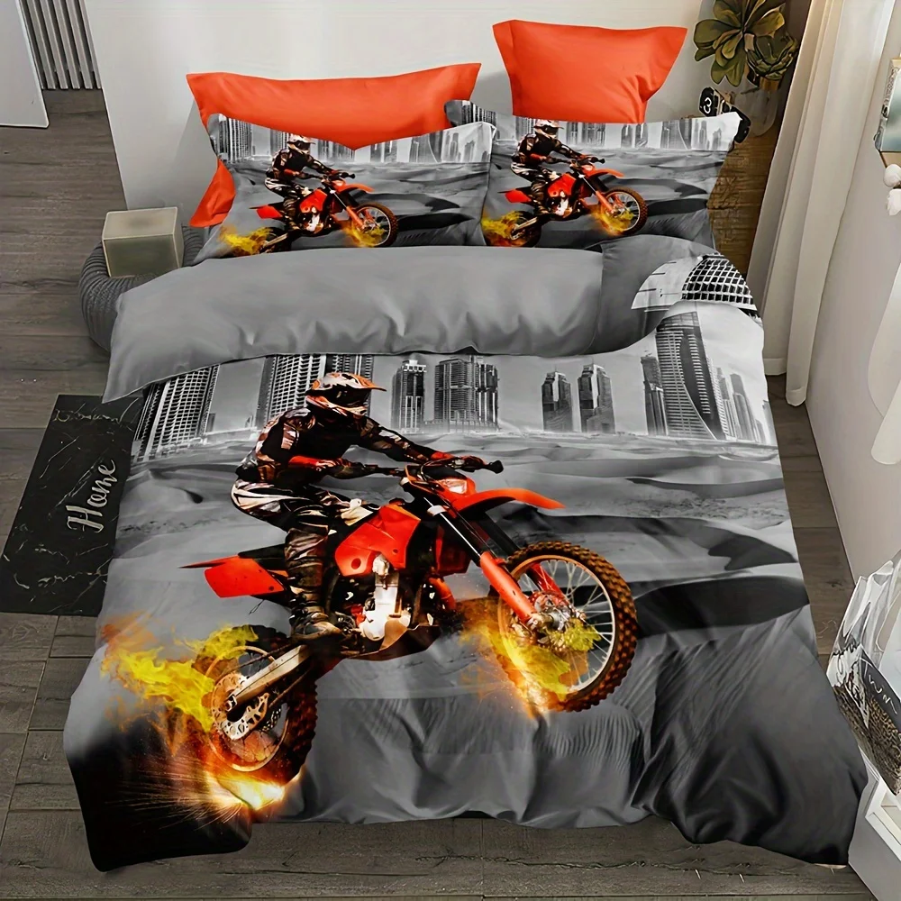 Desert Motorcycle Racing Duvet Cover Set - Breathable, Soft Polyester Bedding with Zip Closure for All Seasons