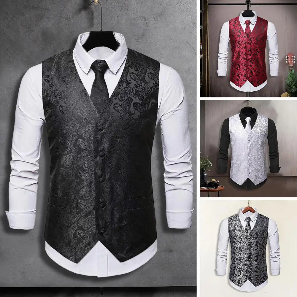 Fato de colete regular masculino, noivo retrô elegante, colete de casamento, estampado sem mangas, gola V, slim fit para homens, festa