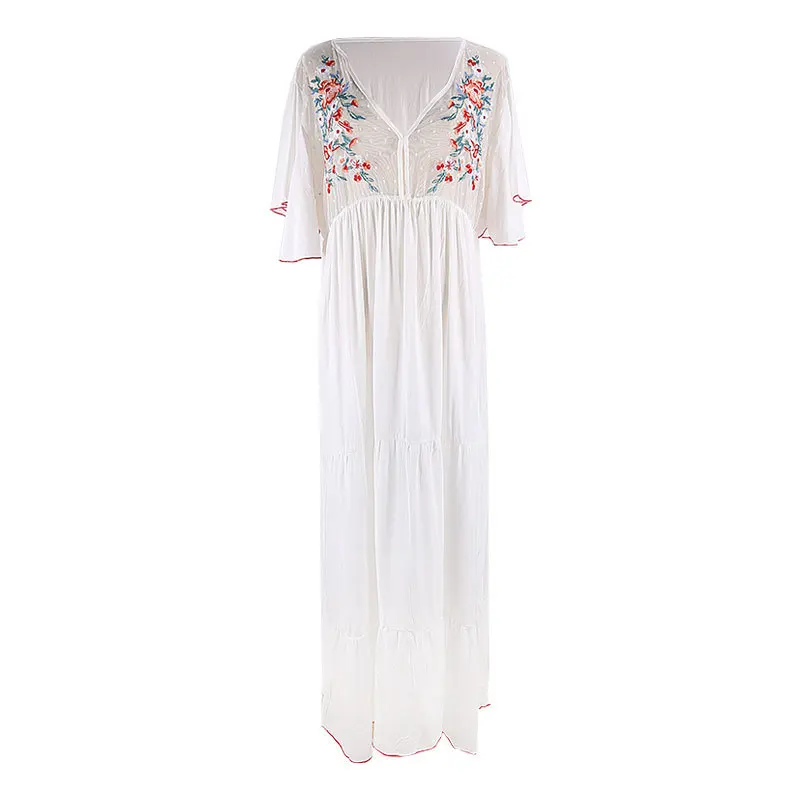 Copricostume bikini con maniche svasate Abito da spiaggia ricamato bianco da donna Tunica caftano Abito lungo sexy con scollo a V in rete