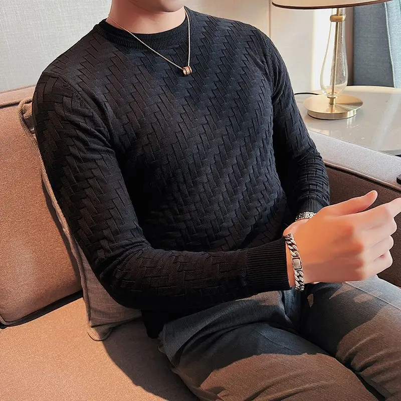 Autumn Winter Stretch Jacquard Woven O-Neck Sweater Men's Waffle Slim Fit Long Sleeve Knitted Pullovers Casual Streetwear Homme