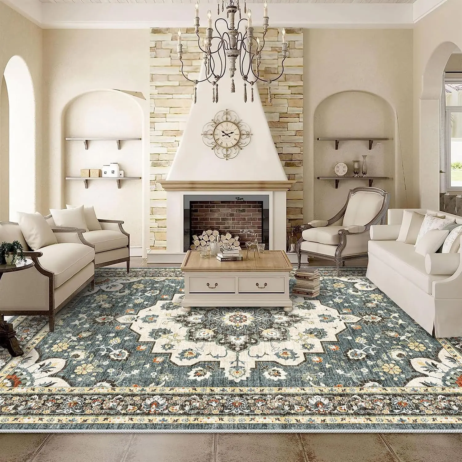 Washable Oriental Area Rug - 9X12 Rugs For Living Room Soft Carpet For Bedroom Waterproof Floral Distressed Indoor Stain