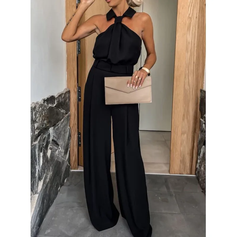 2025 New Summer Women Elegant Waist Halter Jumpsuit Fashion Solid Color Sleeveless High Waist Wide Leg Long Pants Women Clothing