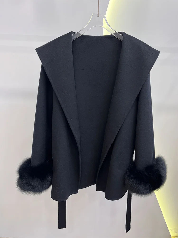 New Real Fur Coat Winter Wool Woolen Jacket Women Natural Fox Fur Cuffs Cashmere Ladies Belt Outerwear Streetwear Hot Sale