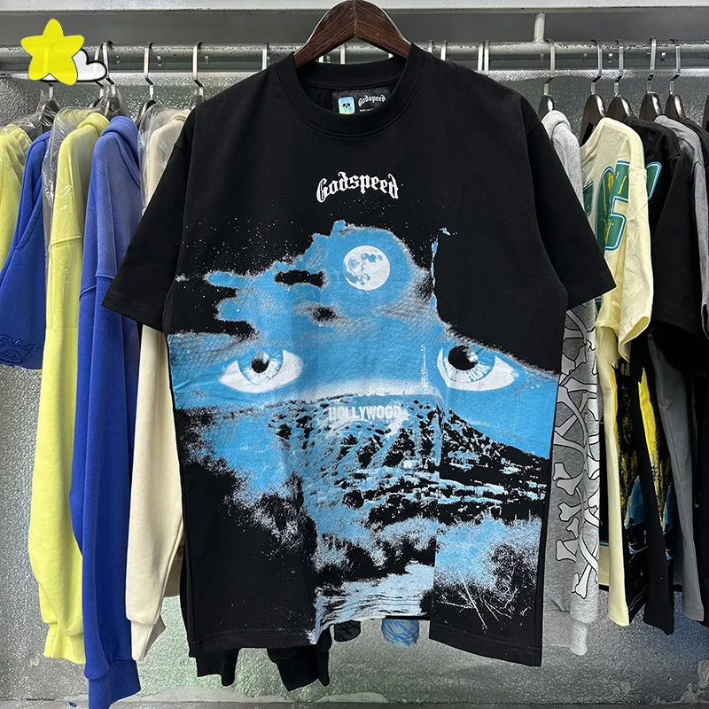 

2025 Summer Vintage Graphics Print Godspeed T Shirt Men Women High Quality Cotton Tee Tops Loose Black GOD SPEED T-Shirt