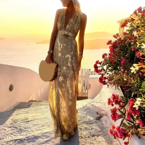 Sexig klänning med hudkontakt sommar elegant bronsfärgad tryck strandfest maxiklänning djup v-ringning mjuk festklänning kvinnliga kläder 10 best sales bronsklänning - №4