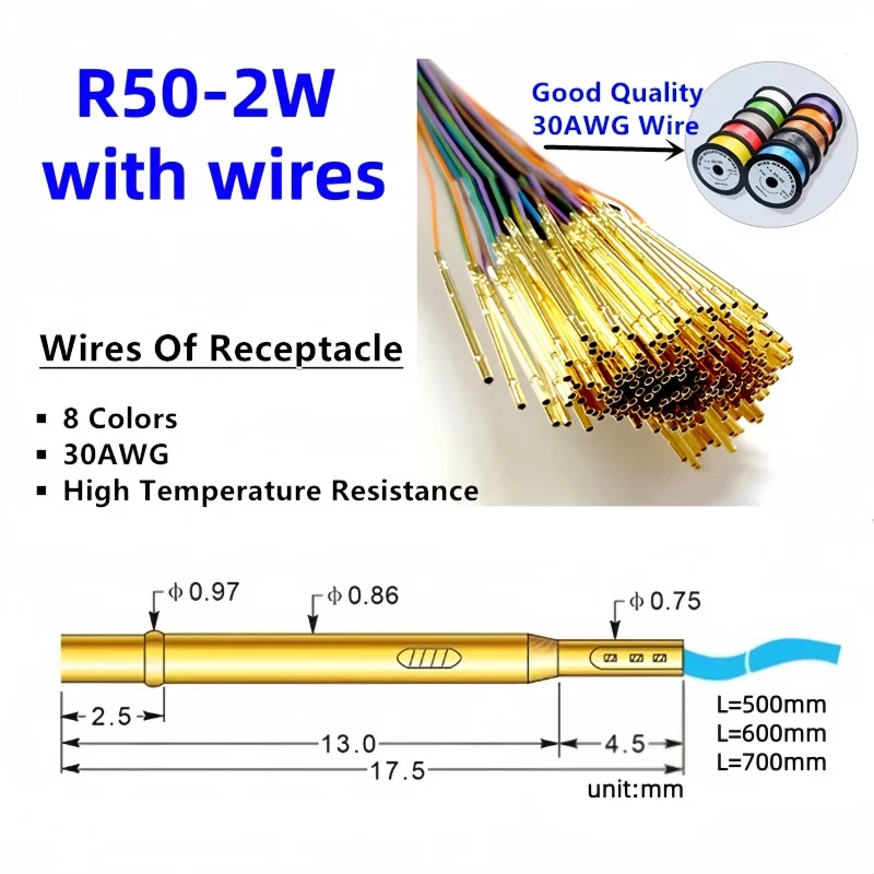 

Гнездо R50-2W7 длиной 17,5 мм пружинный тестовый зонд гнездо на неизолированной печатной плате Pogo Pin предварительно подключенный провод 30AWG терм...