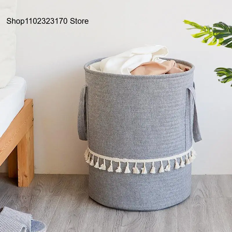 Cotton Linen Tassel Fabric Storage Bucket Foldable Ultra-Large Capacity Toy and Miscellaneous Storage Basket