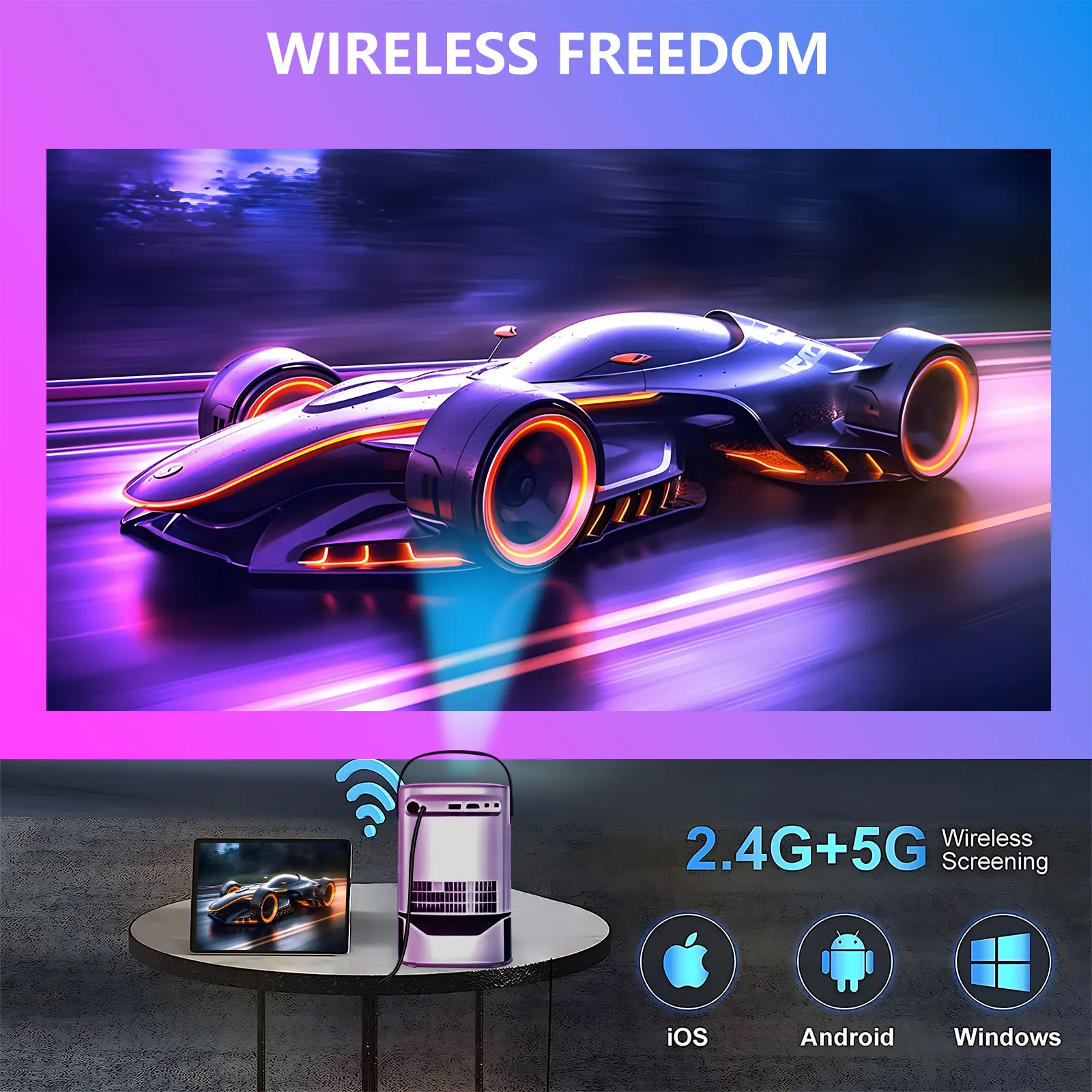 Portable Android Projector Native 1080p Support 4K,Integrated Stand for Home Theater with WiFi Bluetooth HDMI,USB,PC,TV BOX ,TS2