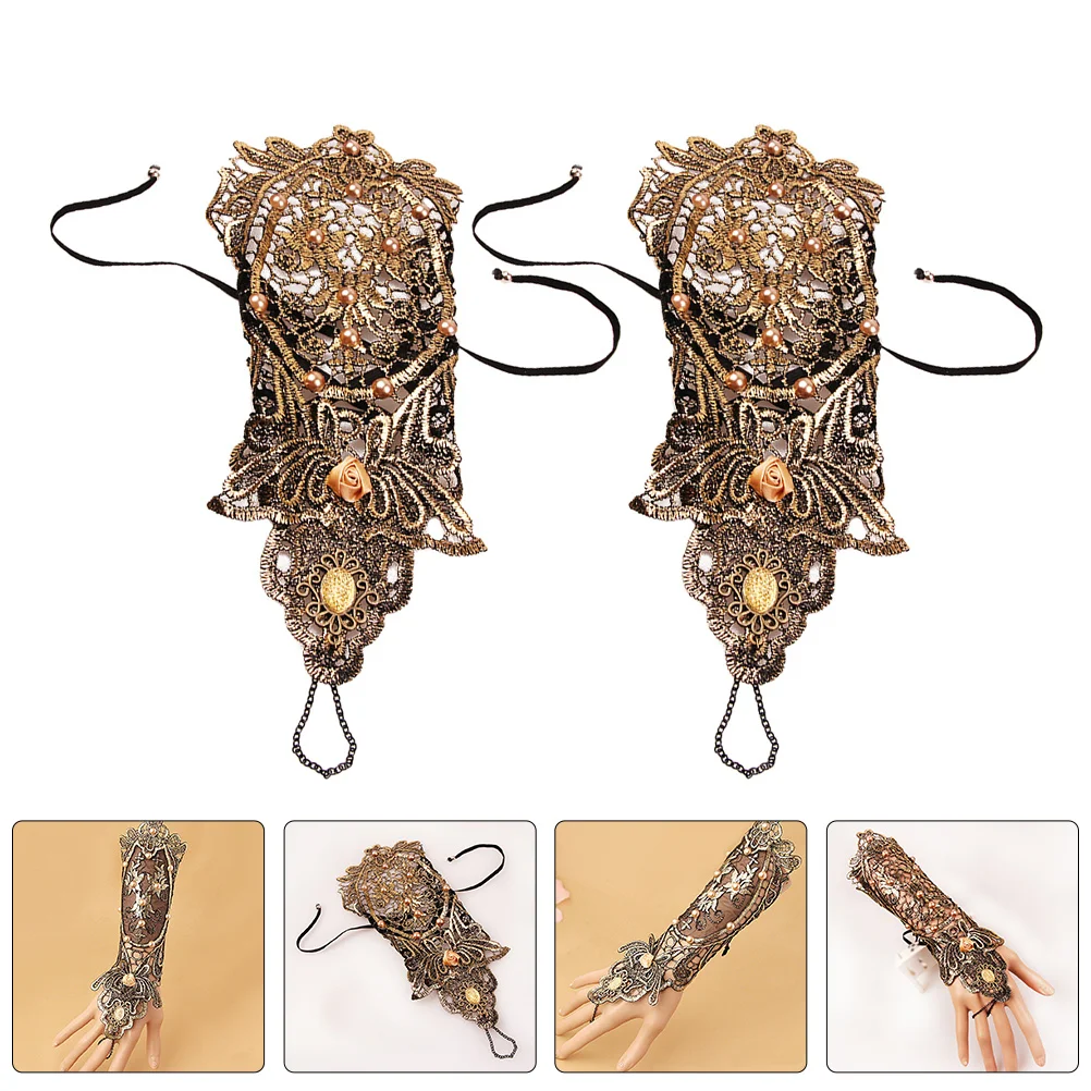 

2Pcs Vintage Renaissance Fingerless Lace Gloves Pearl Beaded Embroidered Lace Wristband Festival Costume Wedding Prom