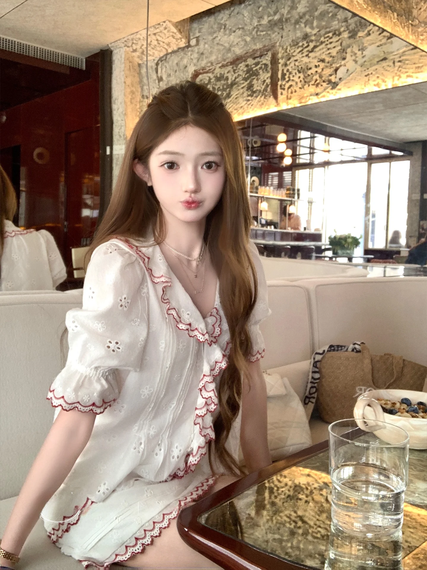 Summer Elegant Short V-Neck Embroidered A-Line Skirt And Top Set Women's High Waist Contrast Color Blouse with Lace Hem