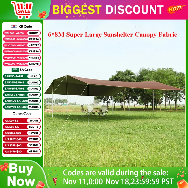 6*8M Large Canopy Waterproof 15-20Person Outdoor Camping Awning Sunshelter Sky Curtain Sunshade UV Resistant Tent Camping Party