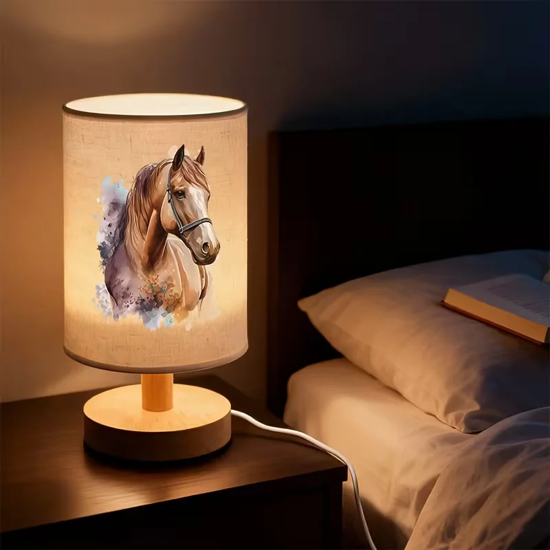 Wood Base Cylindrical Table Lamp With Horse Pattern Print, Warm Soft Bedside Desk Night Light For Bedroom Home Decor