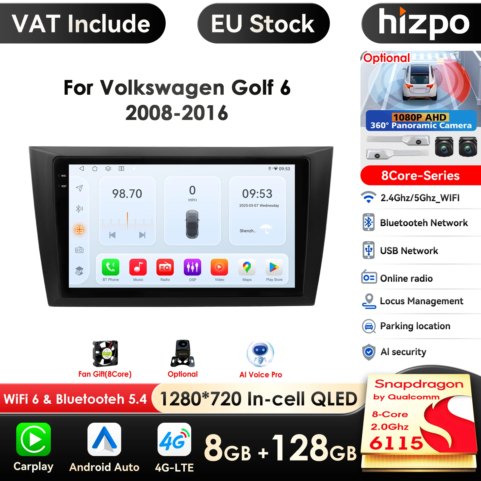 Carplay 4G 9 zoll AI System Android 14 Auto Radio für Volkswagen Golf 6 2008-2016 Multimedia Video Player GPS 2din Autoradio DSP
