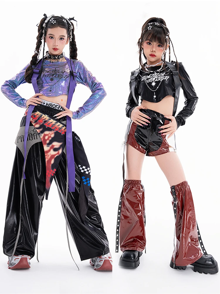 Mode Mädchen Hip Hop Dance Kleidung Nabel Tops Lange Ärmel Leder Hosen Jazz Leistung Kostüm Kpop Bühne Outfits BL17795