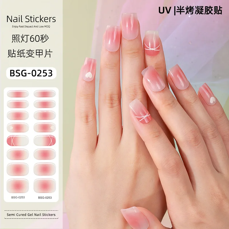 16 Strips Full-Cover Gel Nail Wraps Semi-Uitgeharde Gel Nail Art Stickers Bronzing Ijs Uv Licht Therapie Semi-Bakken Nagelstickers