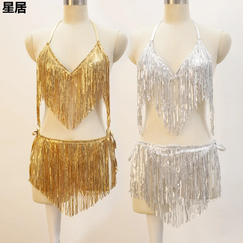 

New Women Nightclub Performance Festival Clothing Rave Dancer Sexy Sequin Fringe Halter Tops Lace-Up Short Skirt Stage Outfits