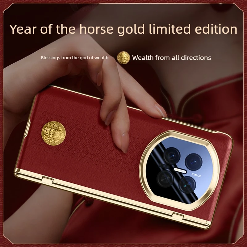 

【Процветание и удача】Чехол 2-в-1 и защитное стекло для Huawei Mate X7 X6, роскошный чехол из натуральной кожи с центральной осевой петлей