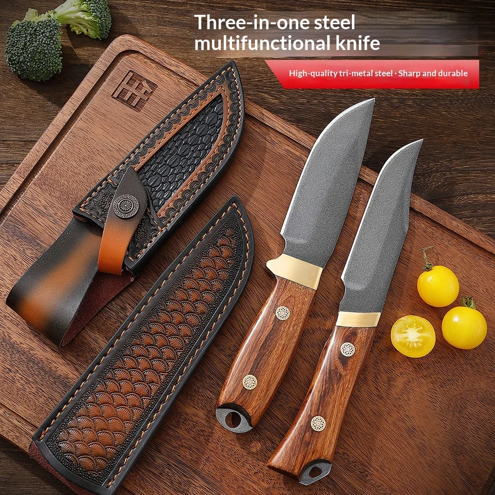 Three-layer Steel Pocket Knife, High Hardness Sharp Outdoor Survival Knife with Leather Sheath