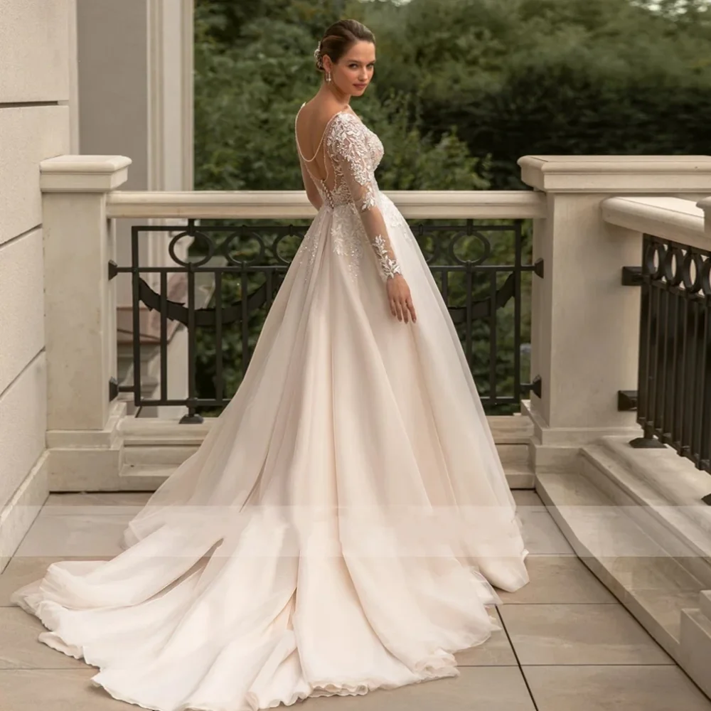 Vestidos de novia de tul con cuello en V profundo, manga larga con apliques, línea A, tren de barrido, elegante