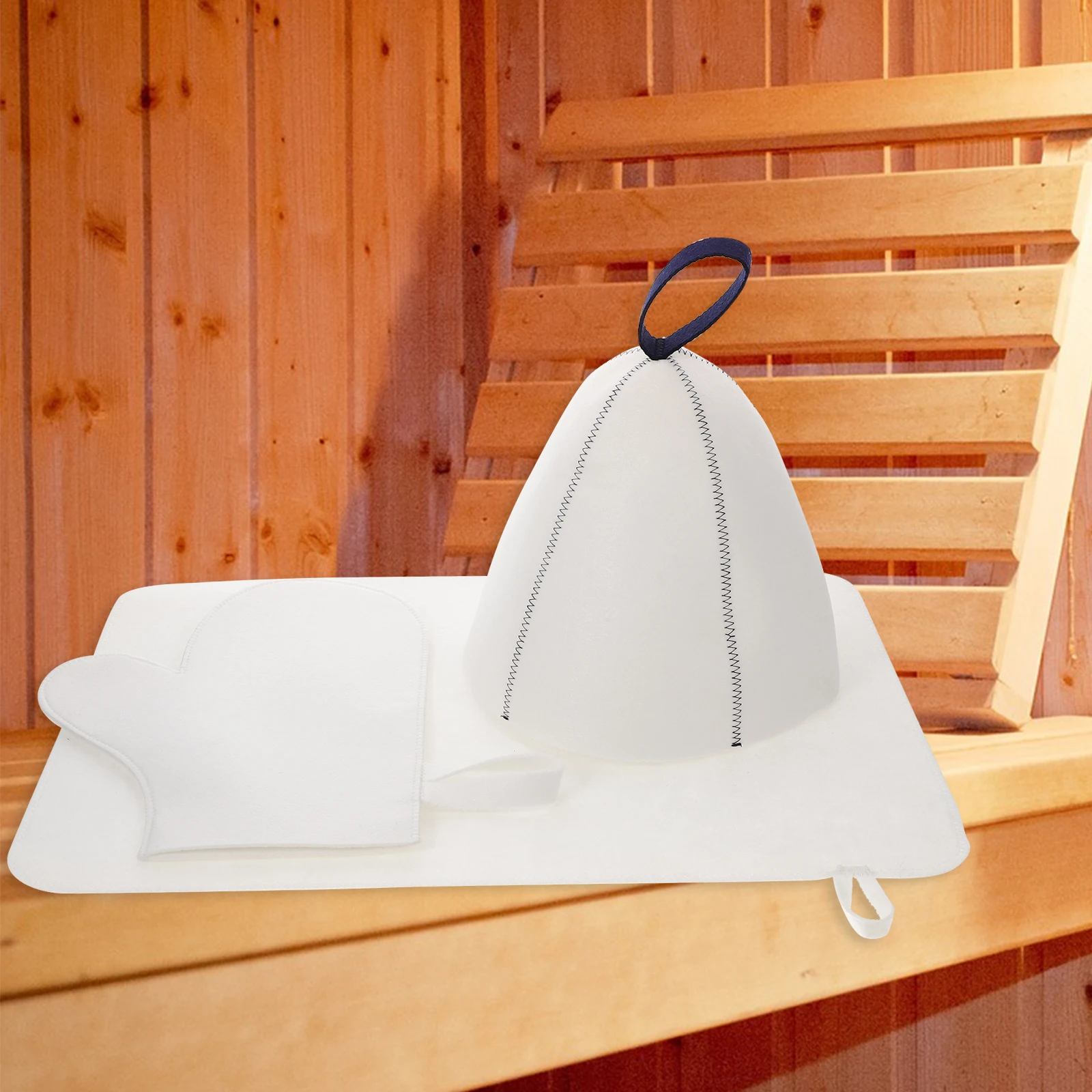 

Sauna Hat Set Felt Cap Bath Gloves Blue Striped Mat White Hair Protection Shower Caps Women Bathing Sauna Accessories