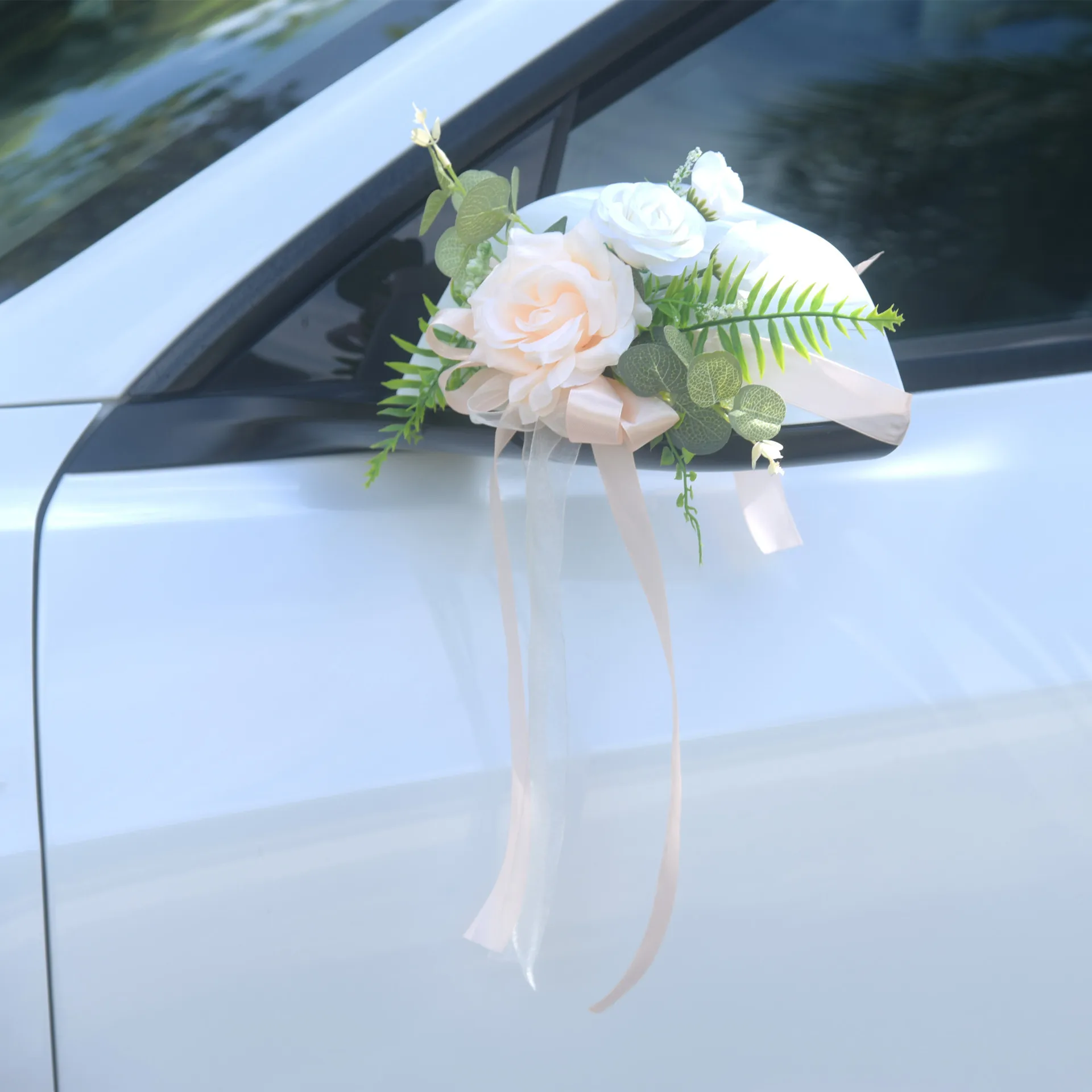 Yannew 6pcs Rustic Champagne Wedding Car Rearview Mirror Flowers with Greenery Ribbon Just Married Car Door Handle Decoration