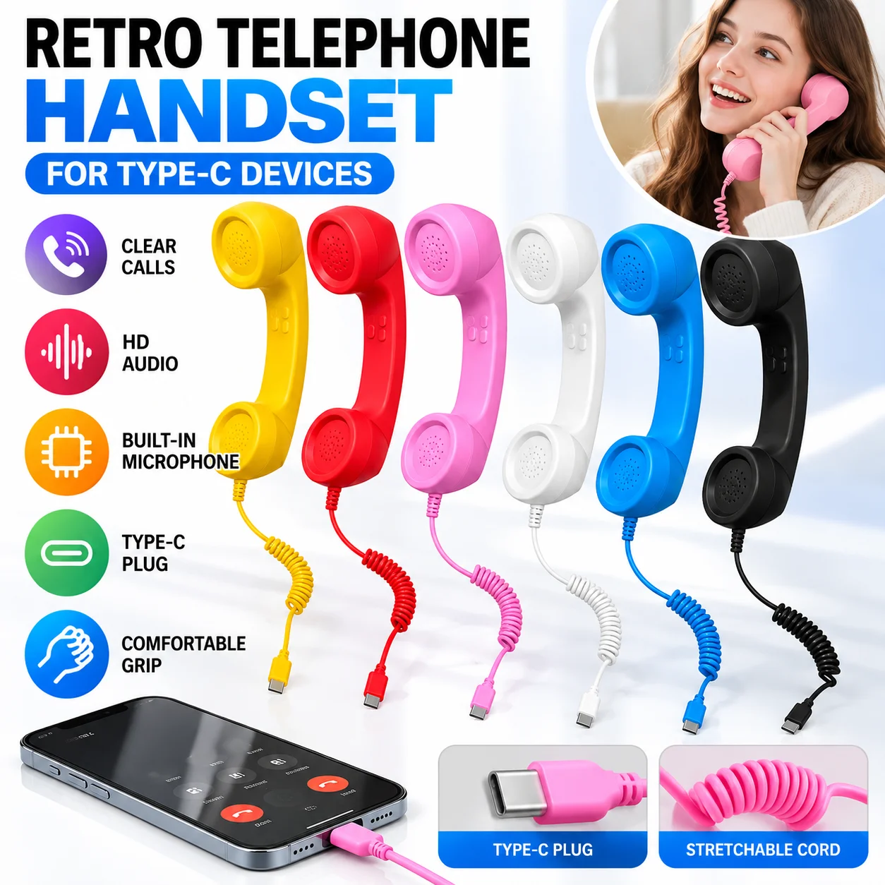 Retro Telephone Handset with Type-C Plug Directly Connect to Mobile Phone, Vintage Receiver Microphone for Calls