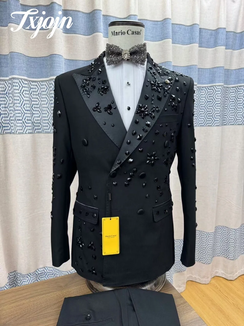 

Handsome Black Beaded Wedding Suit Set Elegant Men's Suit Stylish Single Breasted Peak Lapel Jacquard Clothing Customized Suit