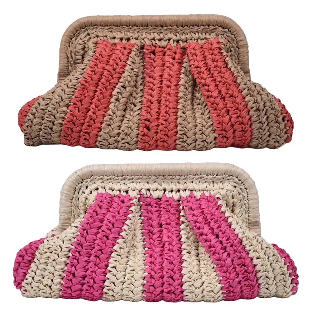Straw Clutch Handbag Handmade Clutch Purse Summer Beach Bag Striped Woven Handbag Designer Weaving Pouch for Party Vacation