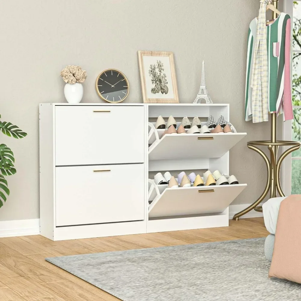 

v Shoe Cabinet with 2 Flip Drawers - Narrow Shoe Storage Cabinet for Entryway, Freestanding Hidden Shoe Organizer for Hallway