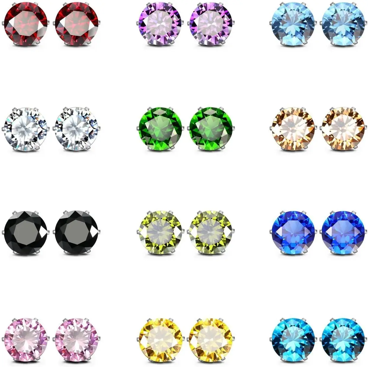 

Stud Earrings for Women Stainless Steel Post Earrings Hypoallergenic CZ Birthstone Ear Studs Earings (12 pair, 6mm)