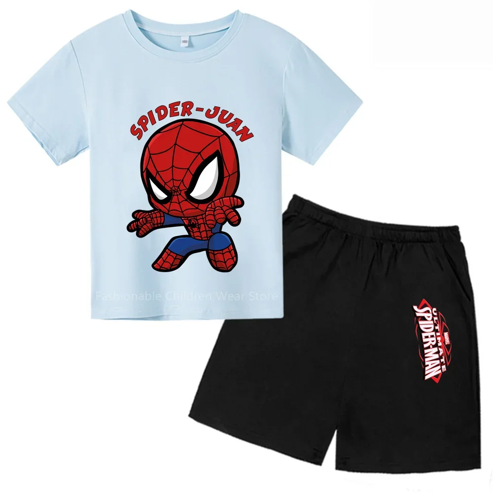 

New Marvel Avengers Q-Style Spider-Man Cartoon Print Kids' T-shirt + Shorts Combo - Trendy & Refreshing for Boys & Girls