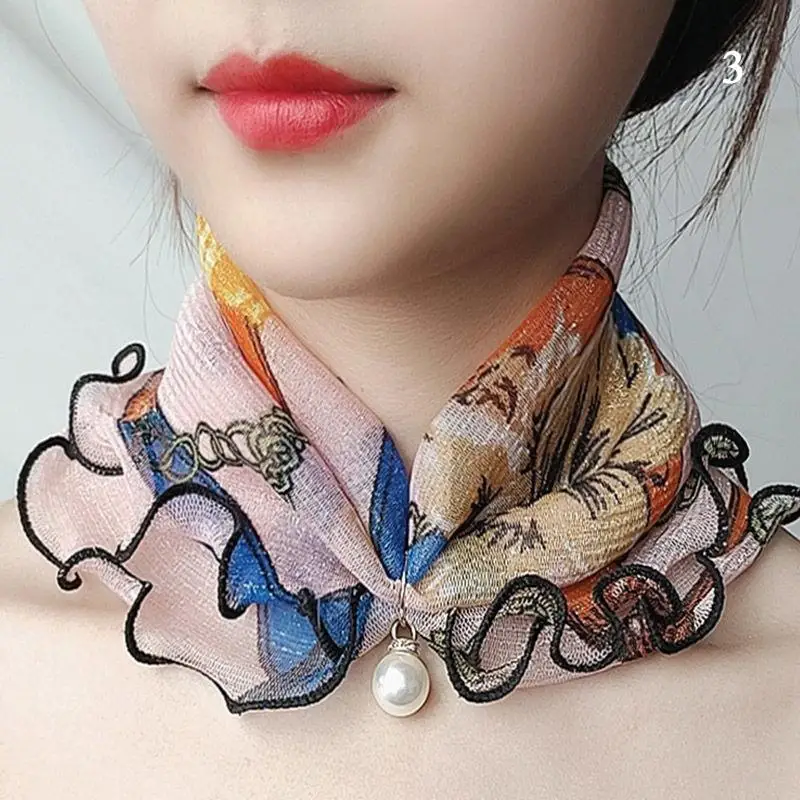 Women Print Neck Collar Fake Pearl Pendant Organza Lace Scarf Elasticity Ruffle Neck Wrap Chiffon Scarves Bandana Headband New