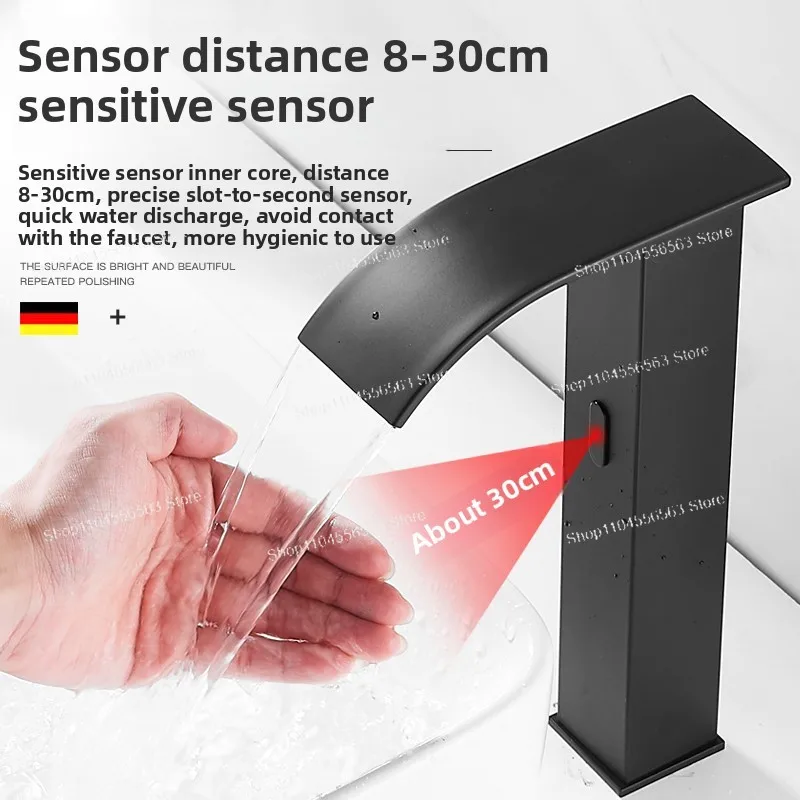 ブラックスマートセンサー蛇口、滝、温冷、洗面器、全自動、オール銅。