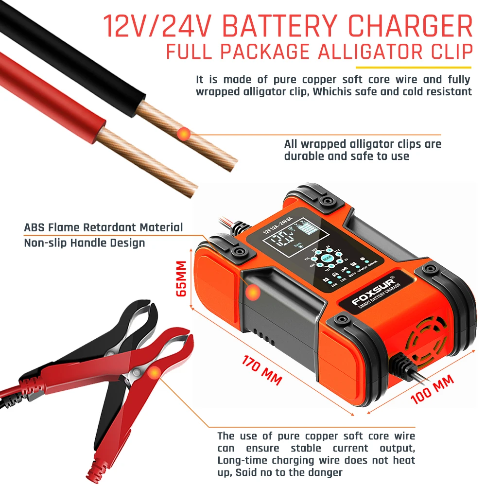 FOXSUR Smart Car Battery Charger 12V 24V 12A Automotive Motorcycle Boat LiFePO4 AGM GEL Lithium Lead Acid Fast Repair Desulfator