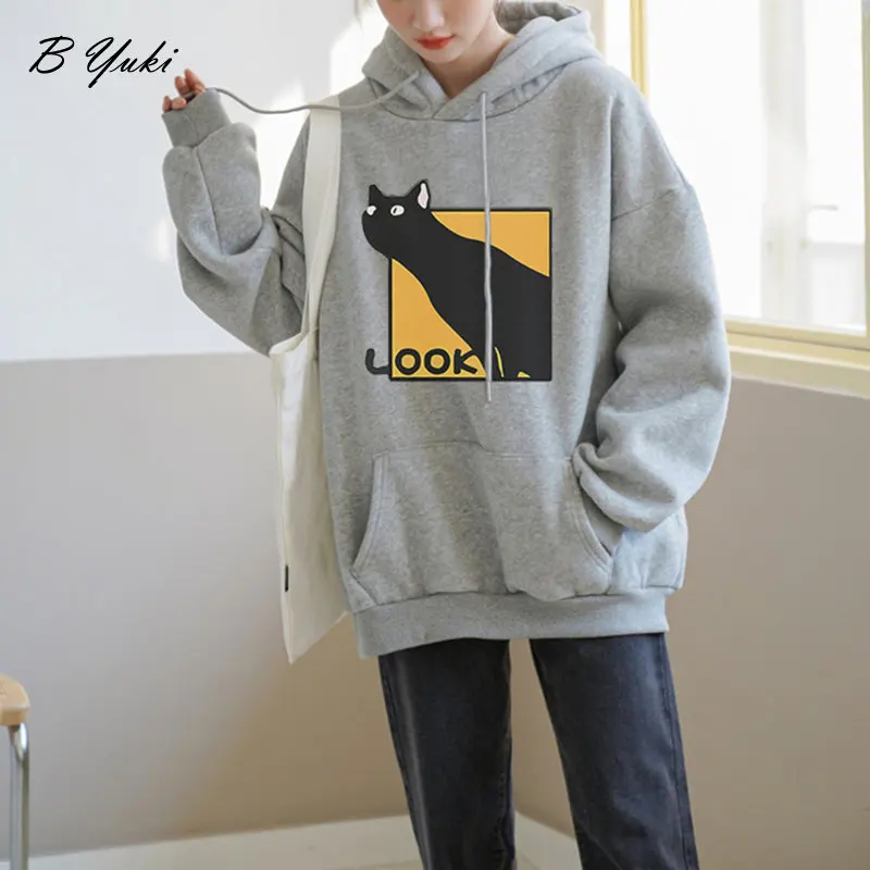 Blessyuki Harajuku Cute Cat Printed Sweatshirt Women Winter Fashion Thick Warm Cotton Hoodies Female Casual Loose Y2k Clothes