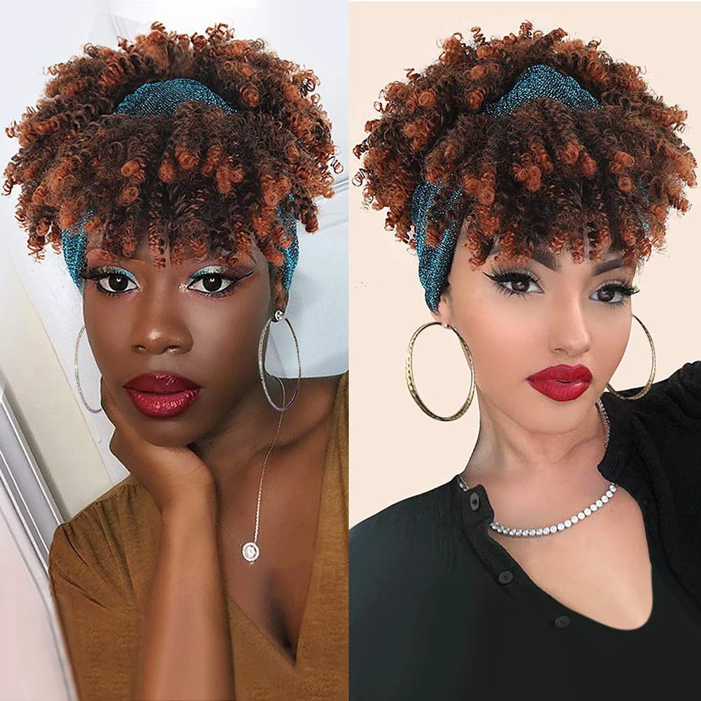 

Glueless Short Afro Kinky Curly Headband Wig with Turban Multiple Styles Available Heat Resistant Easy Care Wig For Black Women