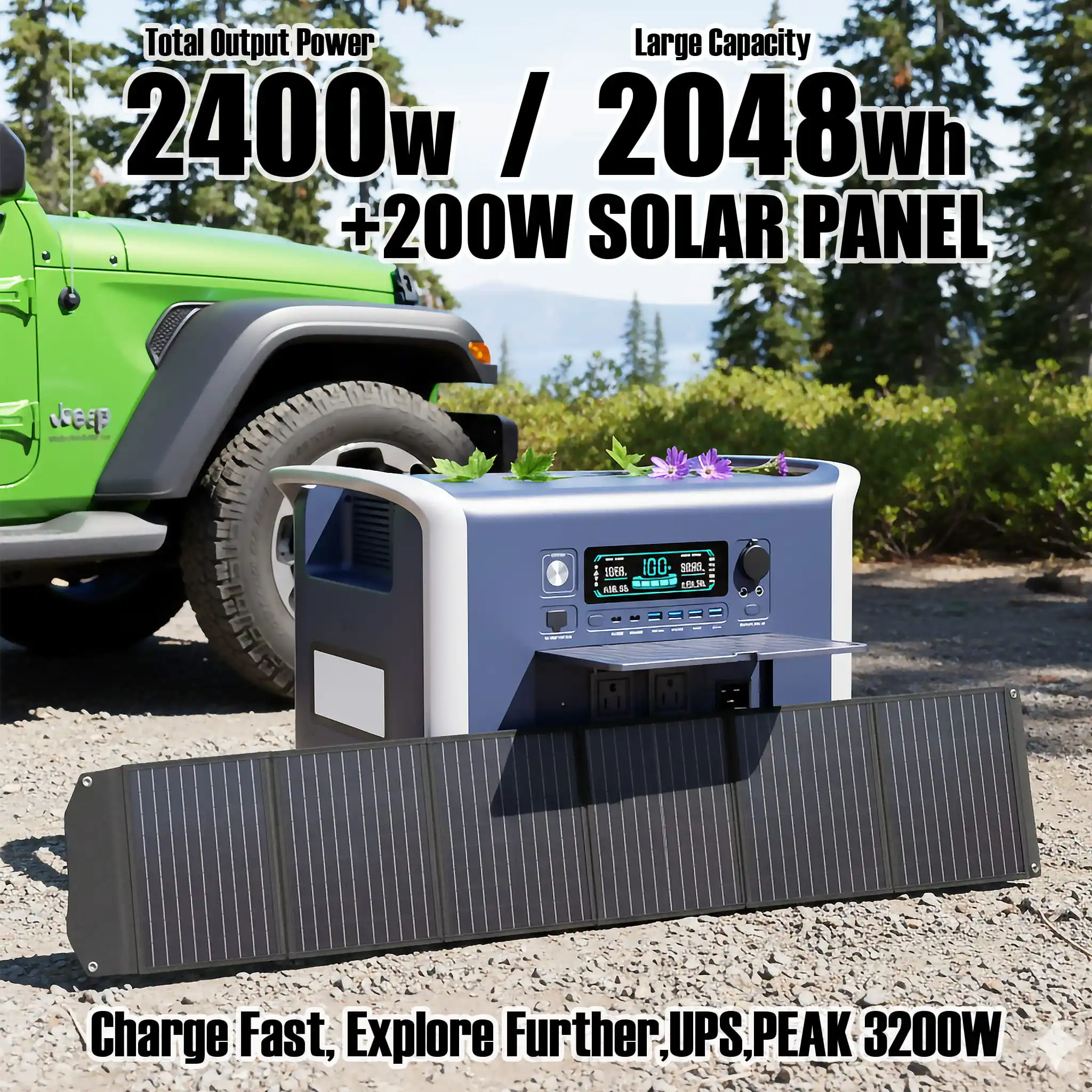 محطة الطاقة الشمسية المحمولة UAPOW بقدرة 2400 وات 2048 وات في الساعة، تحصل على الطاقة غير القابلة للإقلاع للمغامرات الخارجية