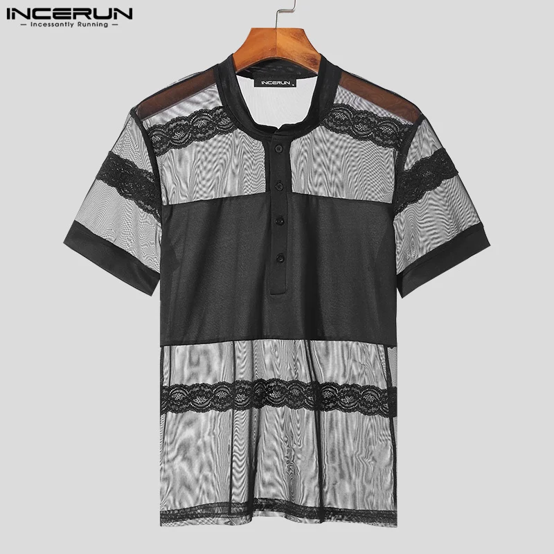 INCERUN Men T Shirt Mesh Patchwork Lace O-neck Short Sleeve Transparent Sexy Camsietas Streetwear Summer 2024 Fashion Tee Tops