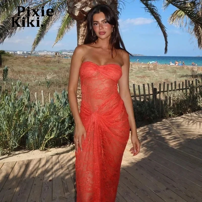 PixieKiki See Through Lace Strapless Long Dresses Orange Sexy Summer Beach Cover Up Dress Vacation Outfits for Women C83-CZ21