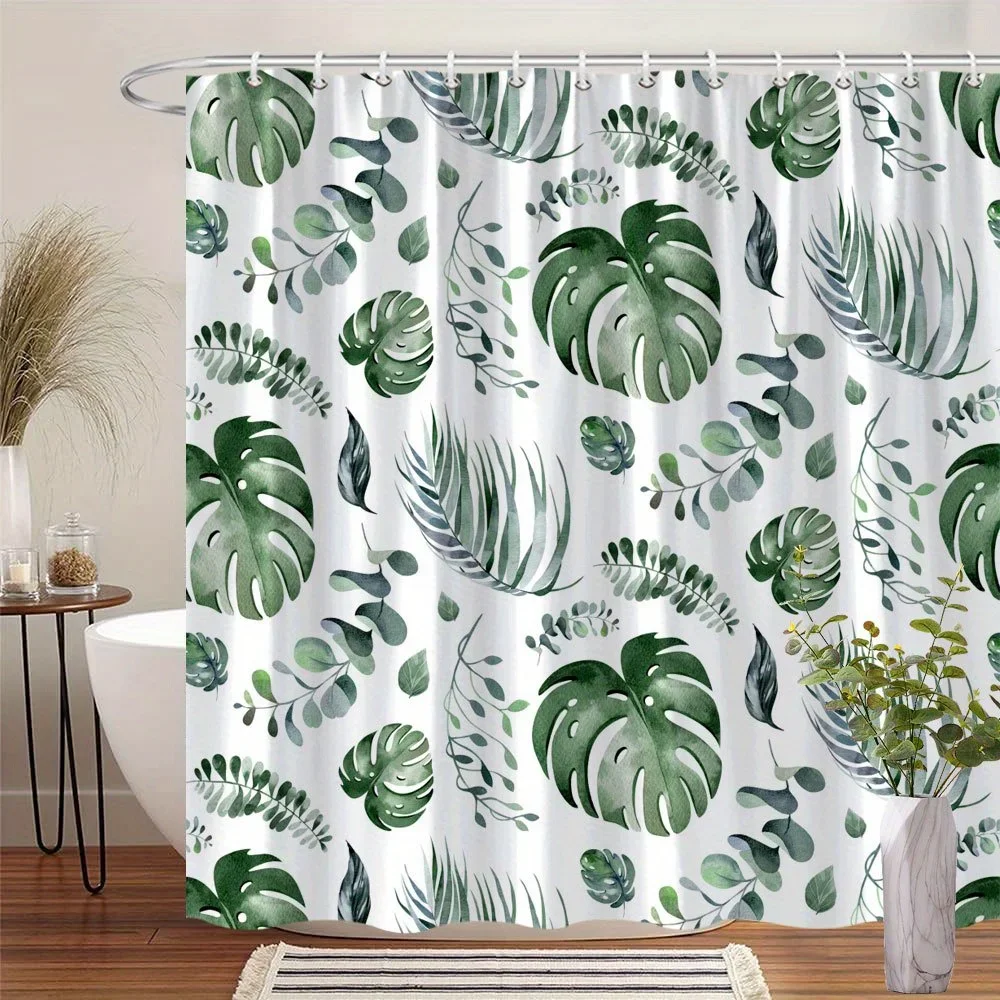 

Tropical Leaves Watercolor Style Shower Curtain - Green Foliage Monstera Ferns, Polyester, Machine Washable, Fashion Theme